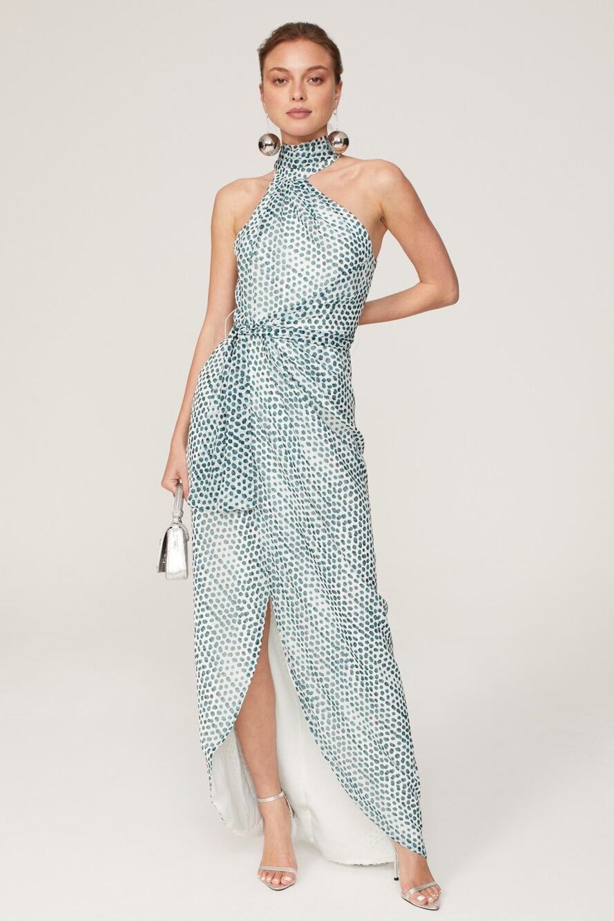 Elle Zeitoune Grace White Teal Polka Dot l Halter High Neck Formal Gown Large